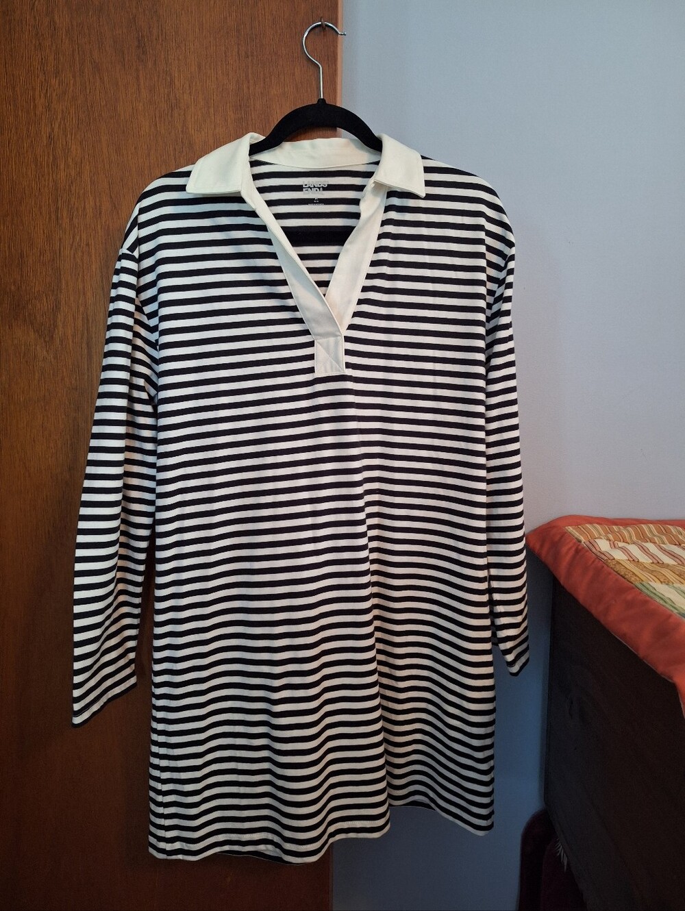 Lands' End Black and White Striped Collared Long-Sleeve Dress